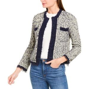 J. Crew Open Front Cropped Jacket Contrast Tweed Small AR855 Navy Gray